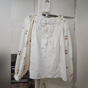 THE GREAT. White Floral Embroidered Top